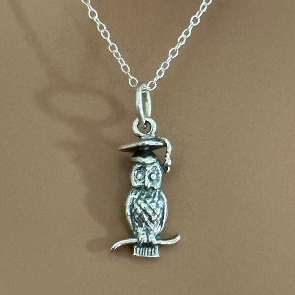 Sterling Silver 3D Wise Owl with Graduation Hat Necklace - Picture 1 of 5